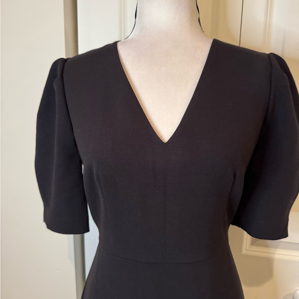 Ann Taylor Black Midi Sheath Dress with V-Neck and Puff Sleeves - Picture 3 of 12
